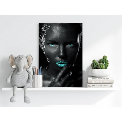 Striking black-and-white portrait on insigne aluminum print with teal eyes, turquoise lips, diamond headpiece, wow factor