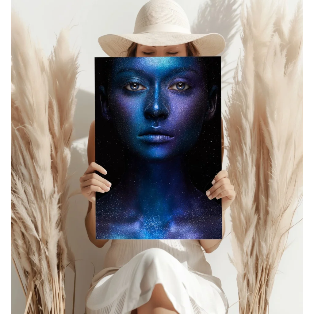 Cosmic galaxy woman on insigne aluminum print with blue purple makeup