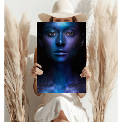 Cosmic galaxy woman on insigne aluminum print with blue purple makeup