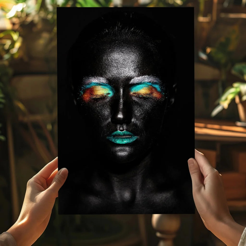 Bold black-and-white portrait on insigne aluminum print with rainbow eyeshadow and teal lips for home decor