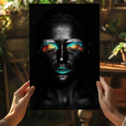 Bold black-and-white portrait on insigne aluminum print with rainbow eyeshadow and teal lips for home decor
