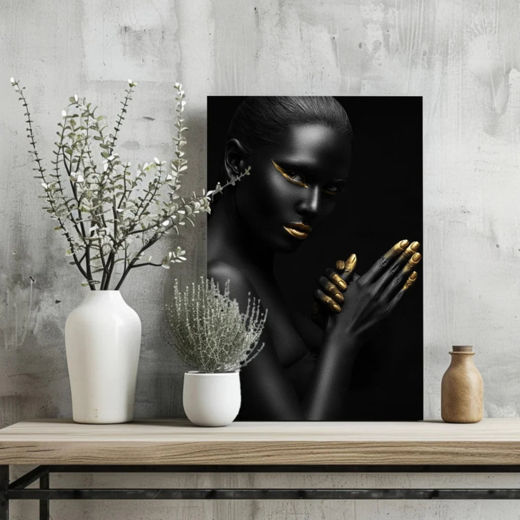 Stunning Black and Gold Woman Insigne Aluminum Print | Glass Wall Art Print | vintageantiquesgifts.com