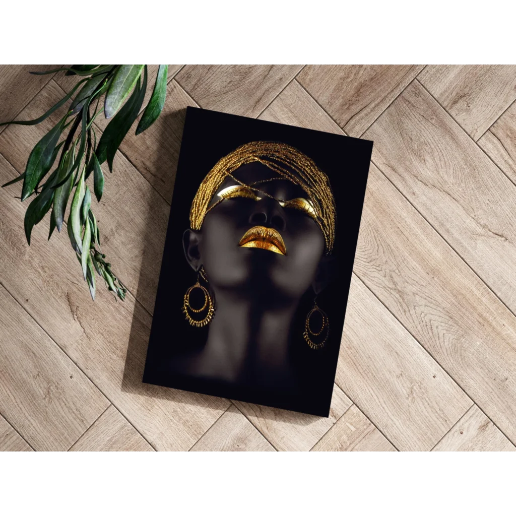 Golden Goddess Insigne Aluminum Print: black canvas with gold accents on lips, eyes, headwrap