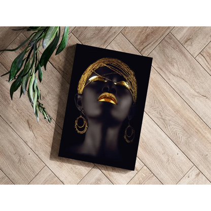 Golden Goddess Insigne Aluminum Print: black canvas with gold accents on lips, eyes, headwrap
