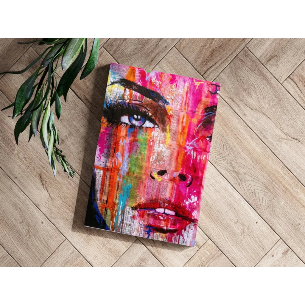 Vibrant abstract face on insigne aluminum prints with pink orange teal splatters blue eyes red lips