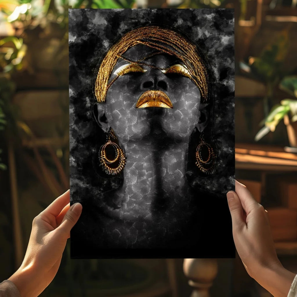 Golden Goddess striking black and gold portrait on Insigne Aluminum Print