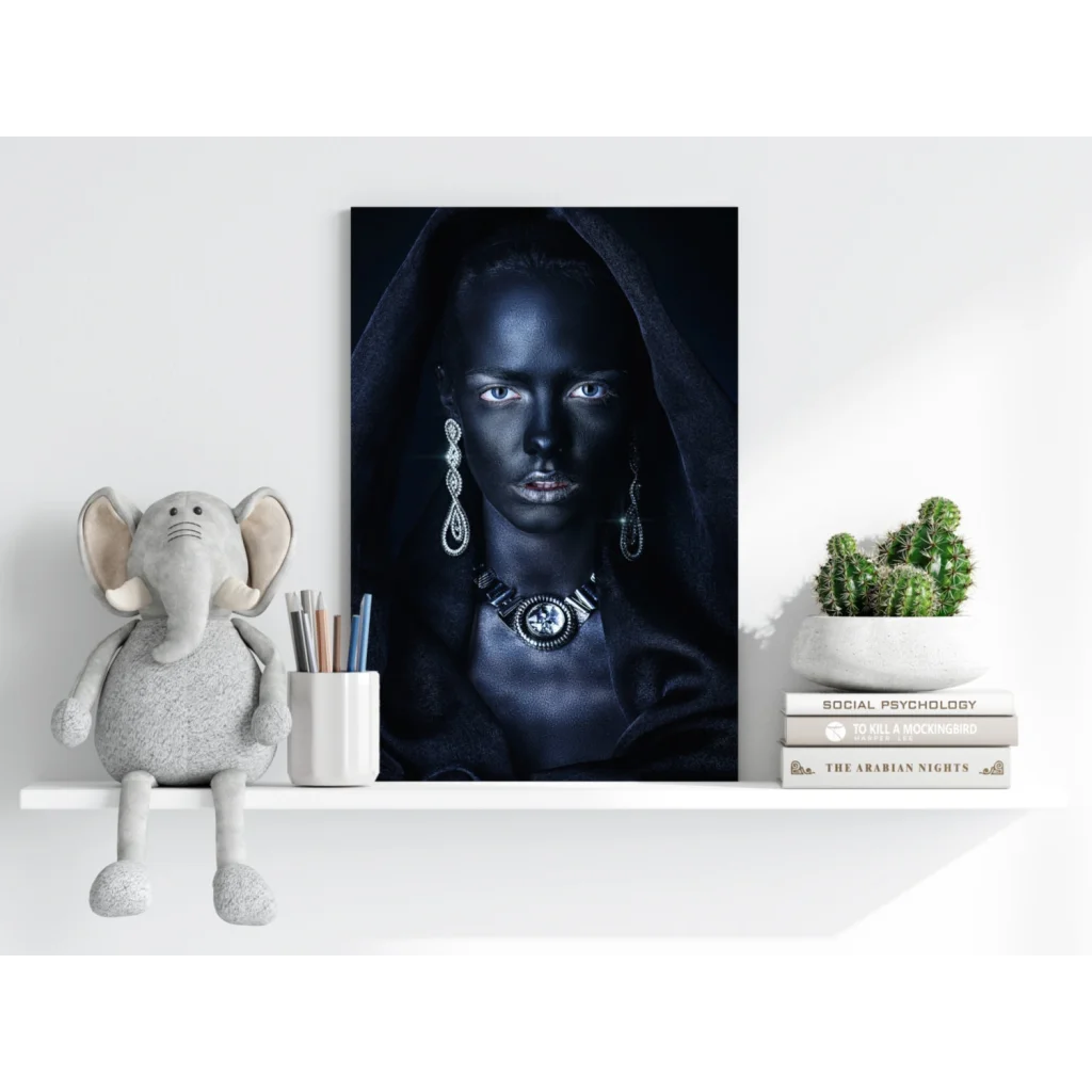 Striking black-and-white portrait on insigne aluminum print with silver jewelry woman