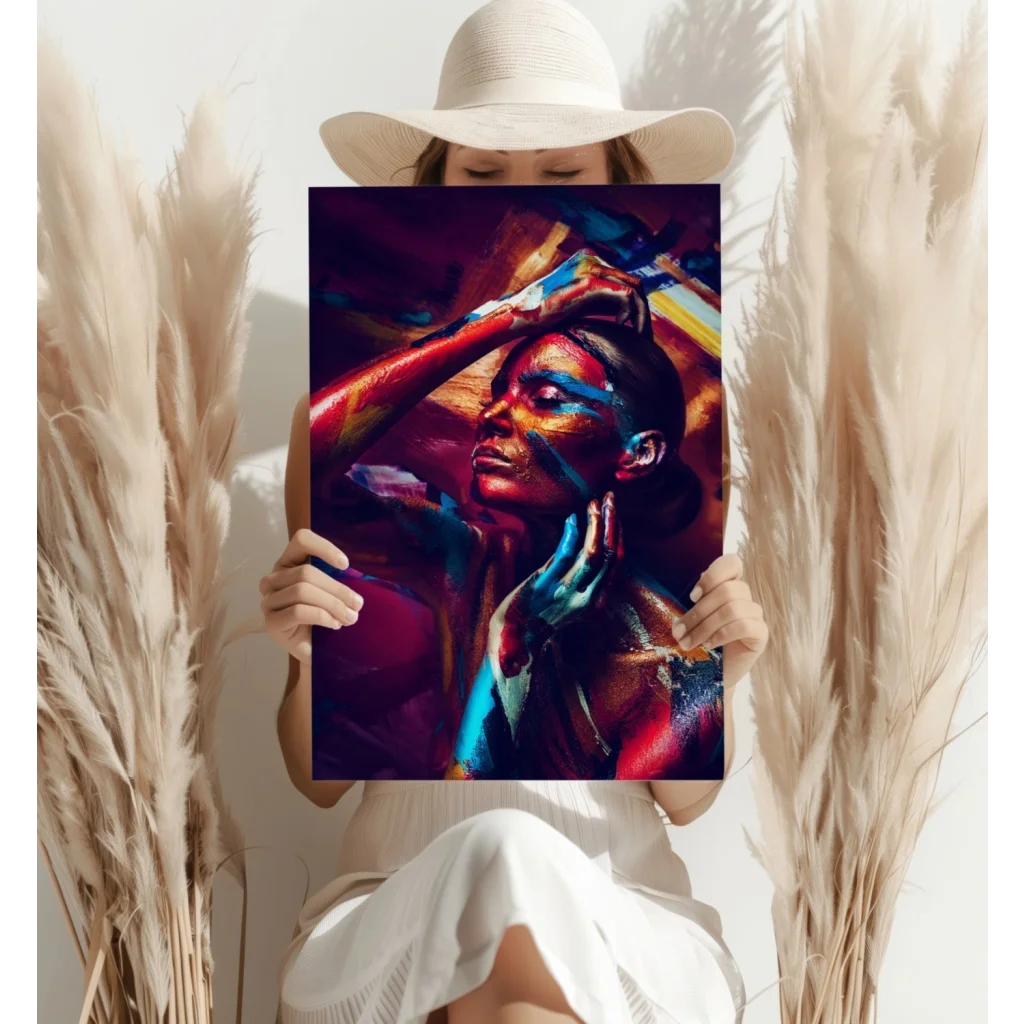 Vibrant abstract woman portrait on Insigne aluminum prints with bold red, blue, gold strokes