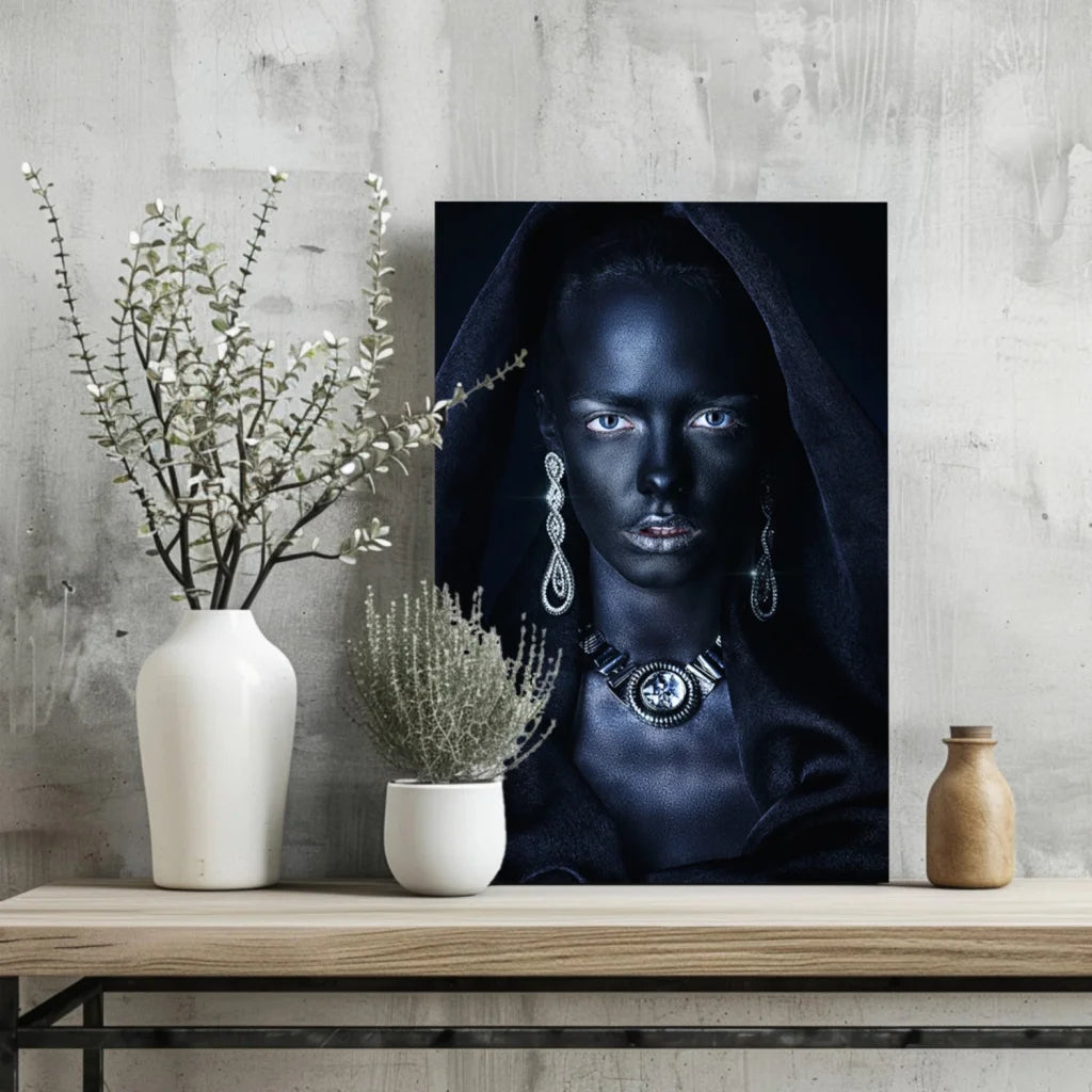 Black-and-white portrait of woman with silver jewelry on insigne aluminum prints