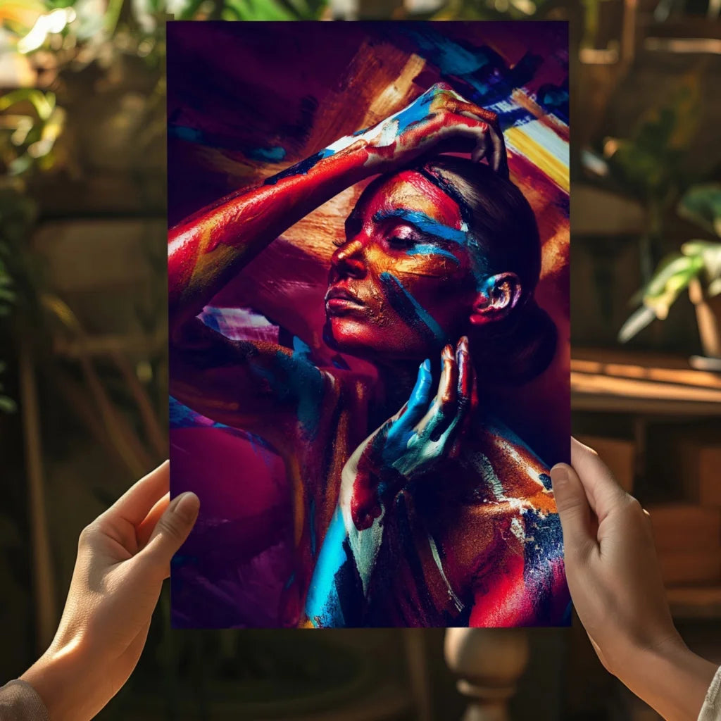 Vibrant abstract woman portrait on Insigne aluminum print with bold red, blue, gold streaks