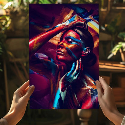 Vibrant abstract woman portrait on Insigne aluminum print with bold red, blue, gold streaks