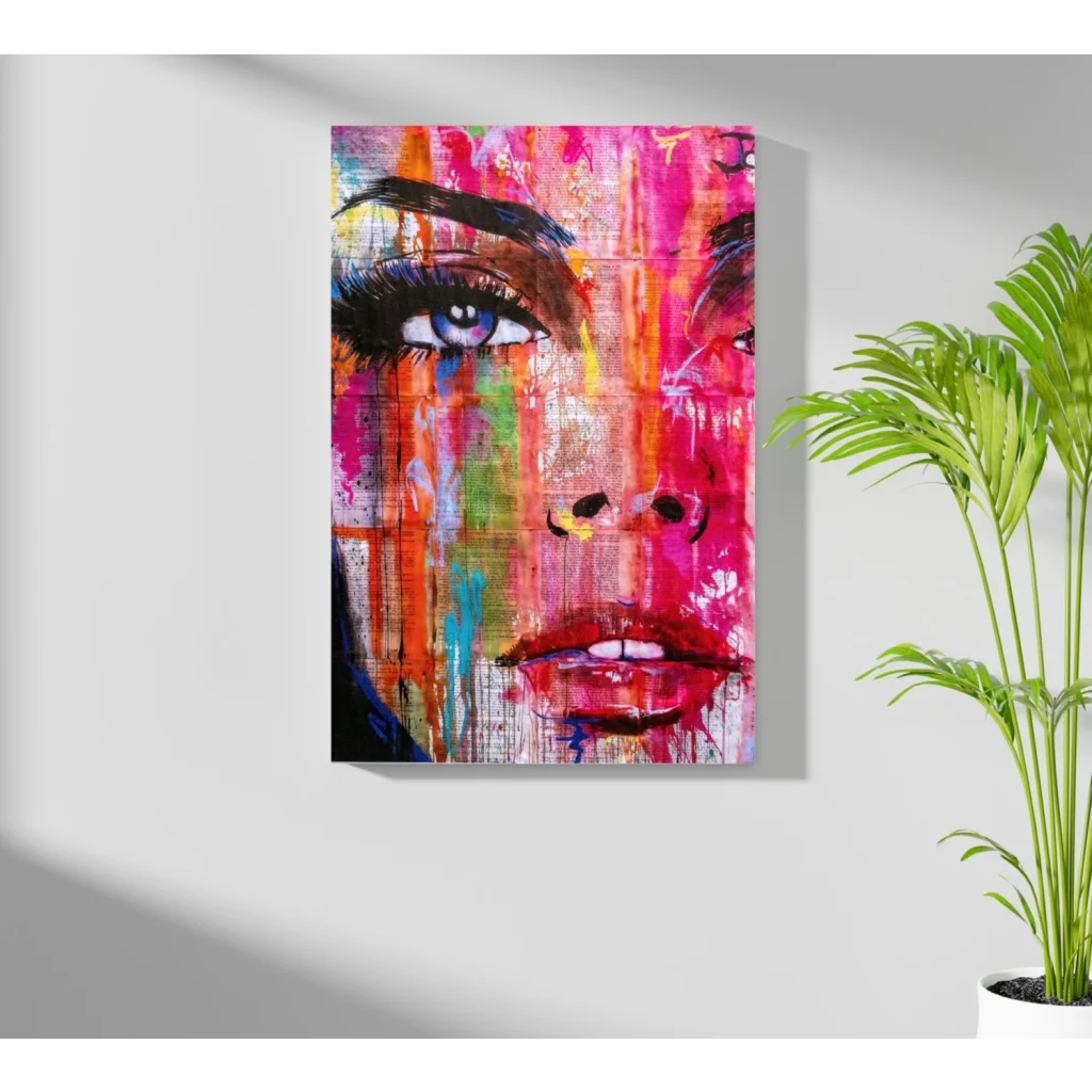 Vibrant abstract face on insigne aluminum prints with pink, orange, teal splashes, blue eyes, red lips