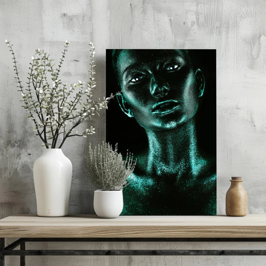 Stunning Teal Glitter Face Insigne Aluminum Prints | Glass Wall Art Print | vintageantiquesgifts.com