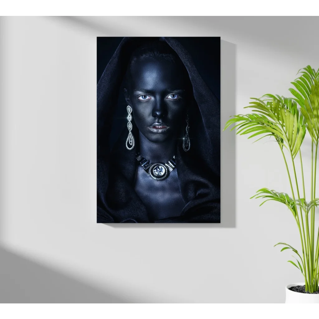 Stunning insigne aluminum print of woman with blue eyes in silver jewelry