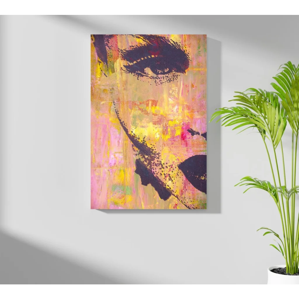 Vibrant abstract portrait on Insigne aluminum prints with bold eyes and lips