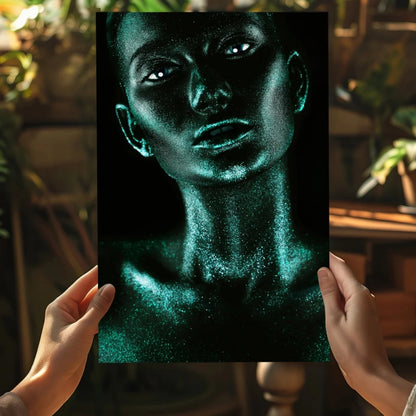 Stunning teal glitter face insigne aluminum print portrait
