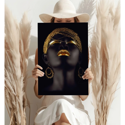 Golden Goddess Insigne aluminum print canvas wall art with black stylized portrait and gold accents