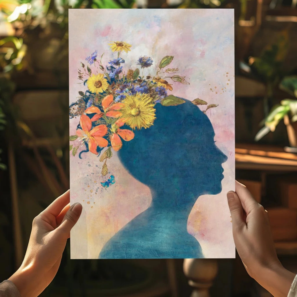 Vibrant watercolor blue woman silhouette with flowers on Insigne aluminum print