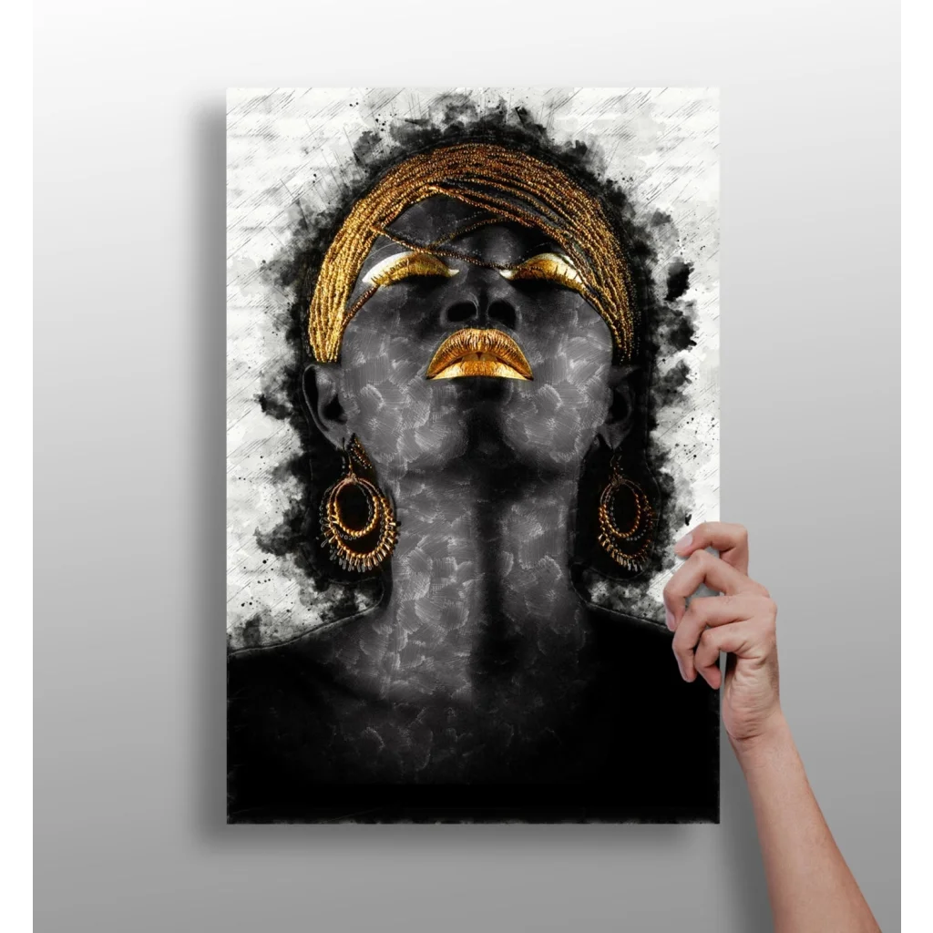 Golden Queen Insigne Aluminum Print: Black and Gold Abstract Woman Portrait