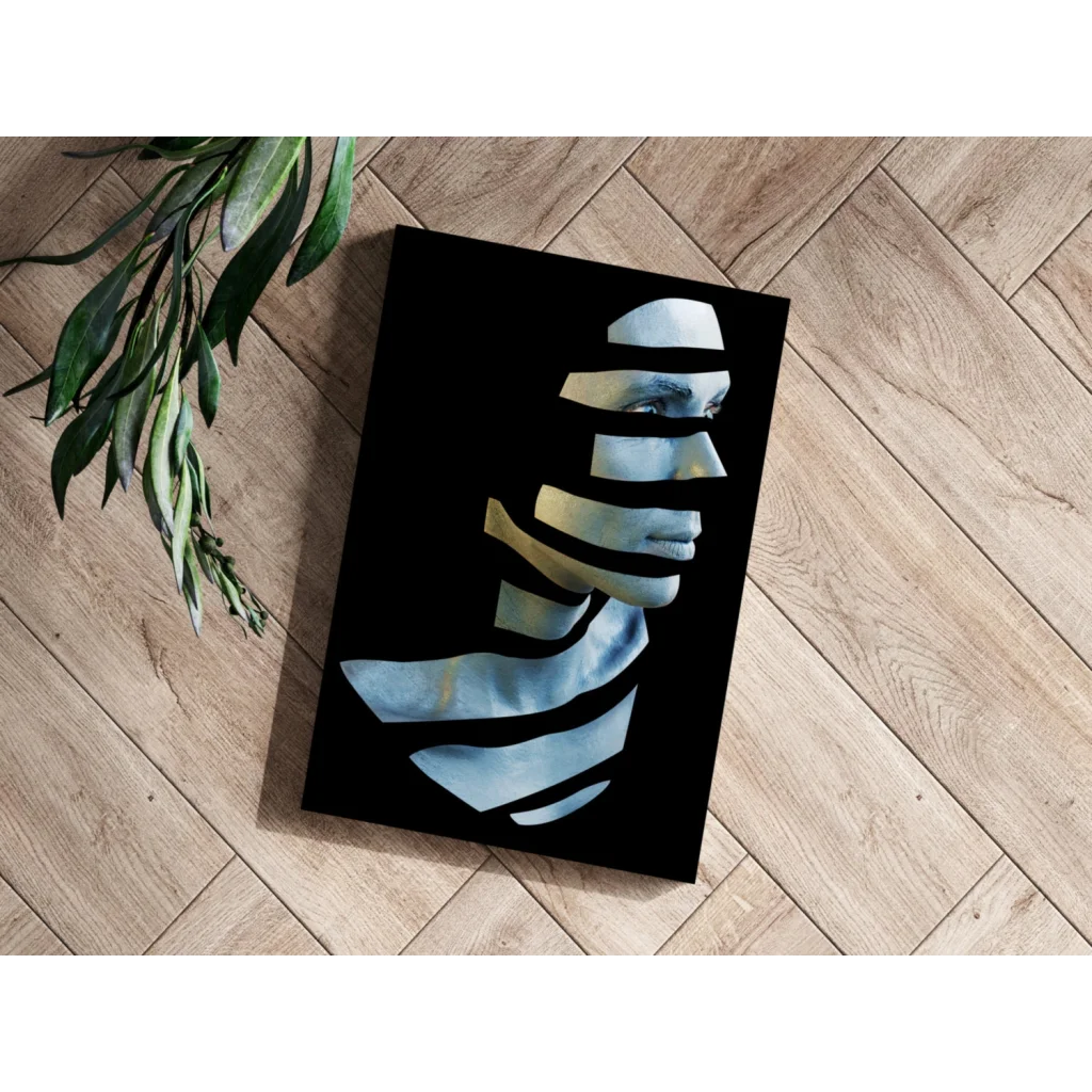 Stylized geometric portrait insigne aluminum print in black with silver gold tones