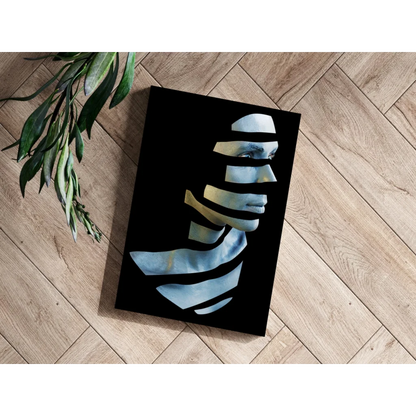 Stylized geometric portrait insigne aluminum print in black with silver gold tones