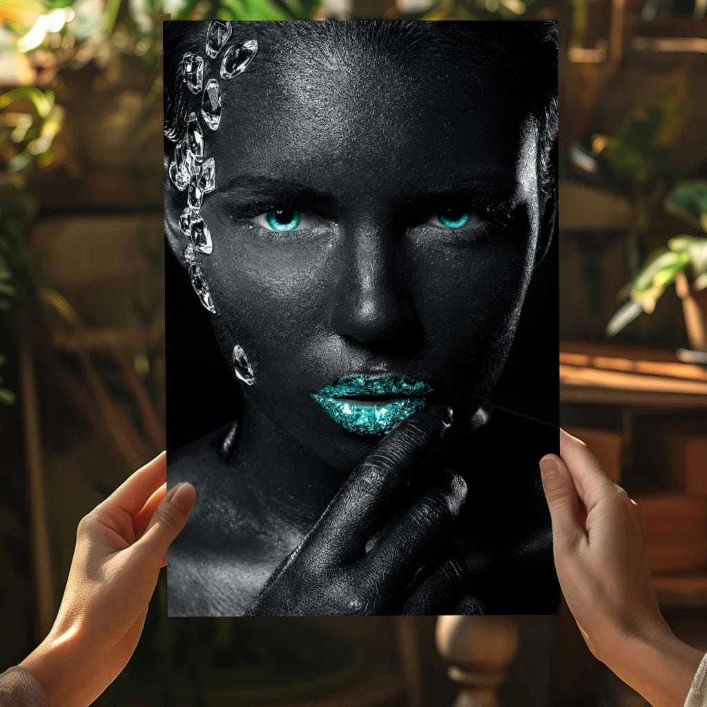 Striking black-and-white portrait on insigne aluminum print with turquoise eyes and wow factor