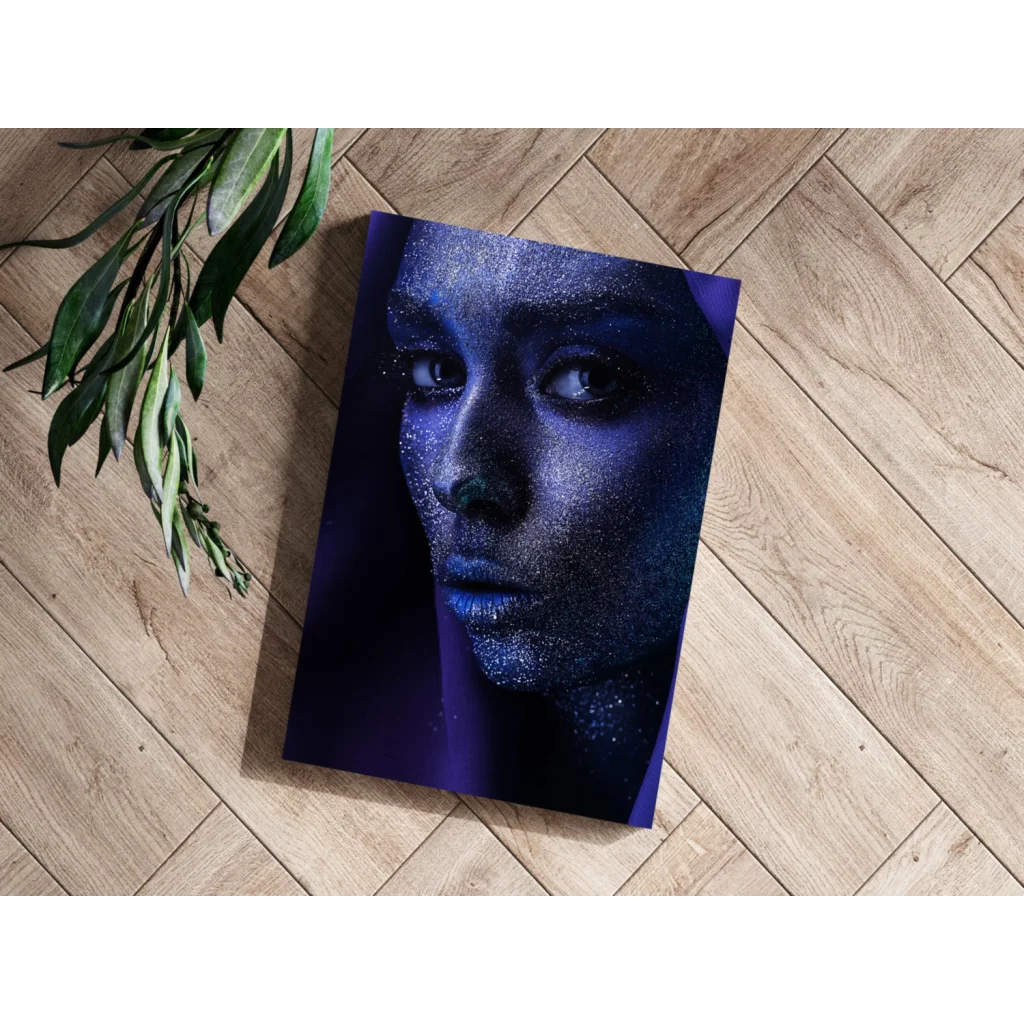 Sparkling blue glitter woman’s face on insigne aluminum print in vivid colors