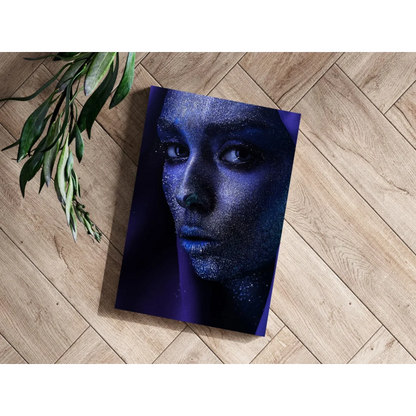 Sparkling blue glitter woman’s face on insigne aluminum print in vivid colors