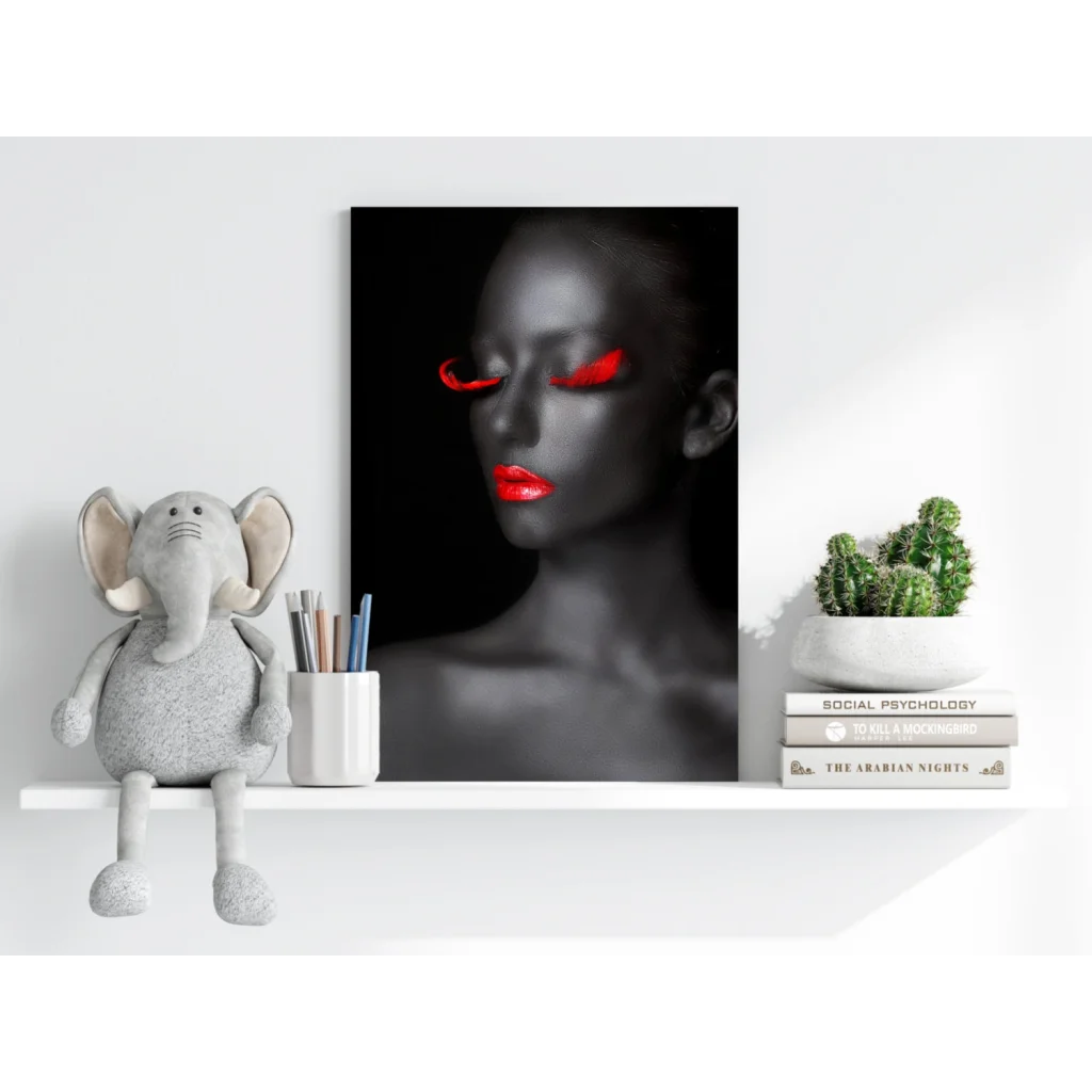 Black-and-white woman portrait on Insigne Aluminum Print with red lips and eyes