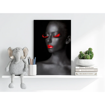 Black-and-white woman portrait on Insigne Aluminum Print with red lips and eyes