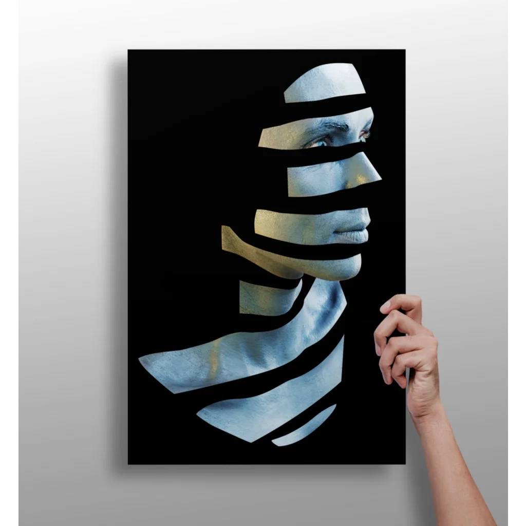 Stylized fragmented woman’s portrait in blue gold on Insigne aluminum prints