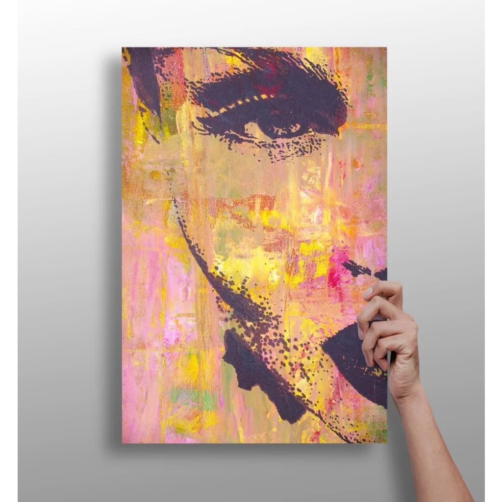 Vibrant abstract portrait on Insigne aluminum prints with bold black strokes on yellow pink peach background