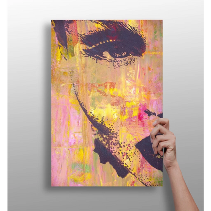 Vibrant abstract portrait on Insigne aluminum prints with bold black strokes on yellow pink peach background
