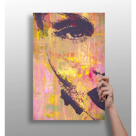 Vibrant abstract portrait on Insigne aluminum prints with bold black strokes on yellow pink peach background