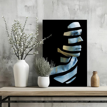 Stylish insigne aluminum prints geometric portrait in blue gold strips