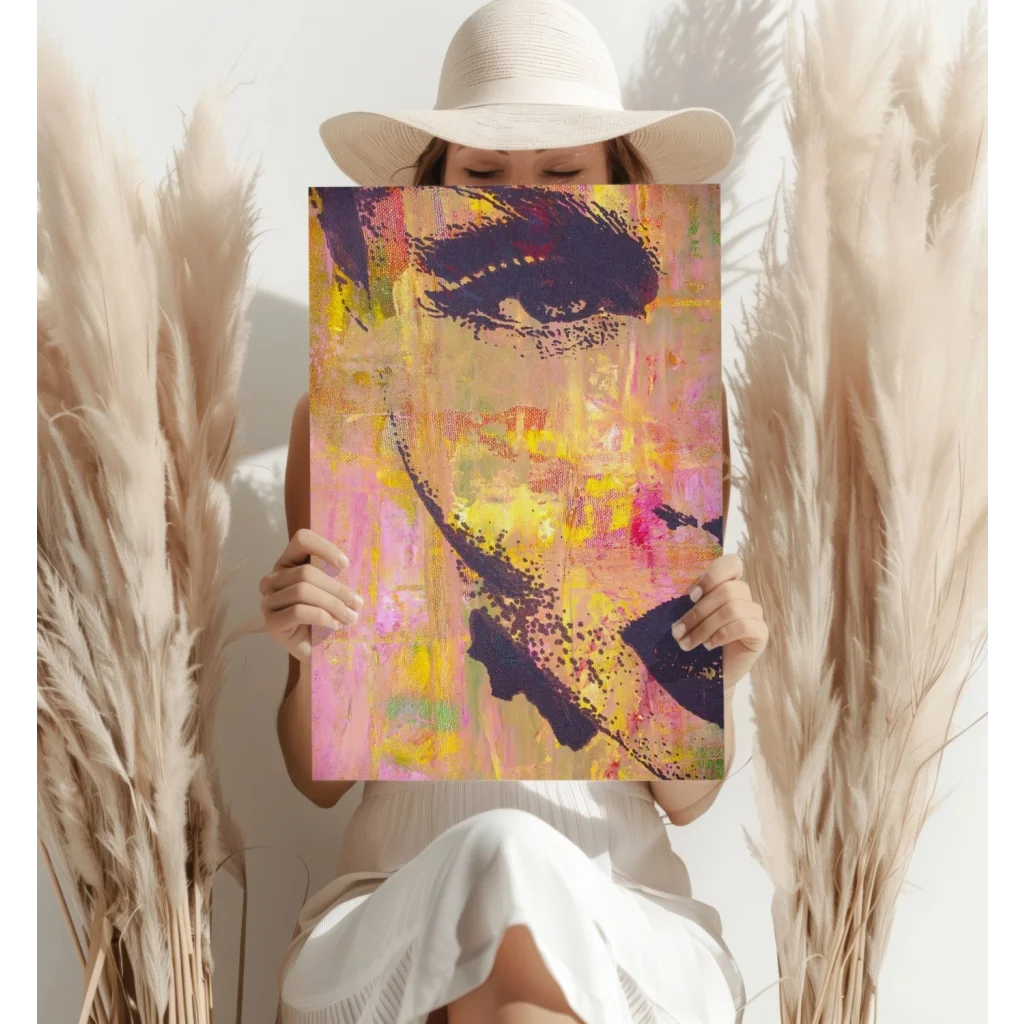 Vibrant abstract portrait on Insigne aluminum prints in pink, yellow, purple