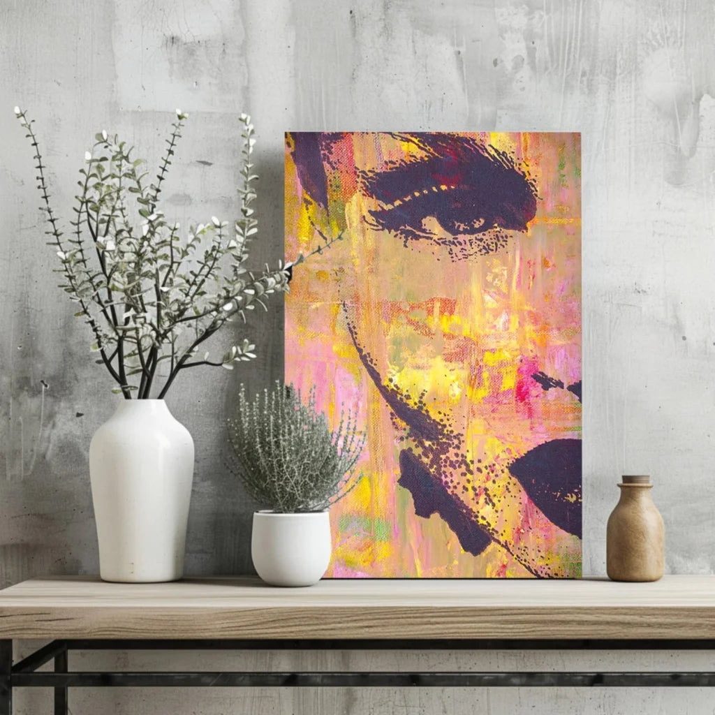 Vibrant abstract portrait on insigne aluminum prints with bold black strokes and warm hues