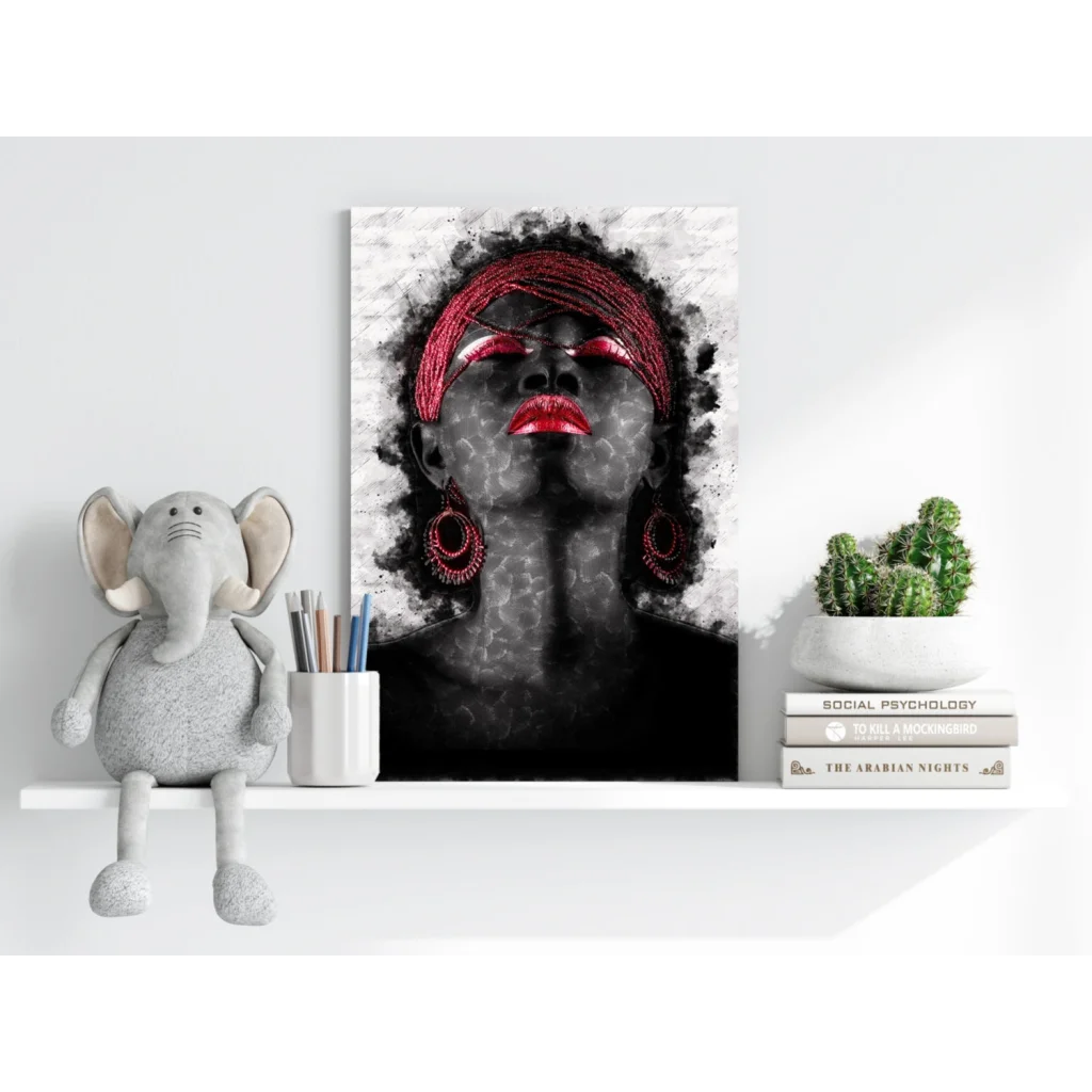 Striking black-and-white Insigne Aluminum Print of woman with bold red lips