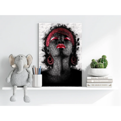 Striking black-and-white Insigne Aluminum Print of woman with bold red lips