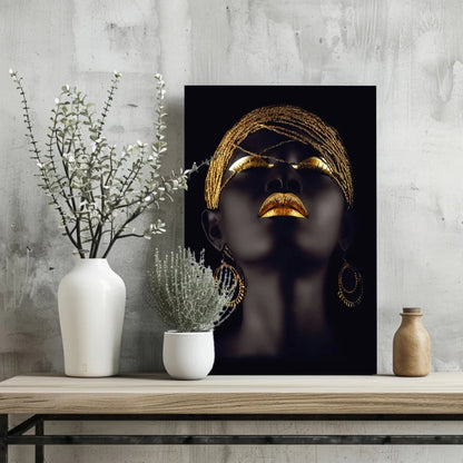 Golden Goddess Insigne aluminum print: black canvas portrait with gold-trimmed eyes, lips, headwrap