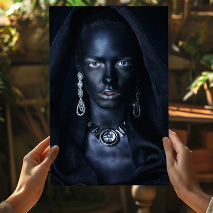 Black portrait on insigne aluminum print with white eyes and silver jewelry held by hands