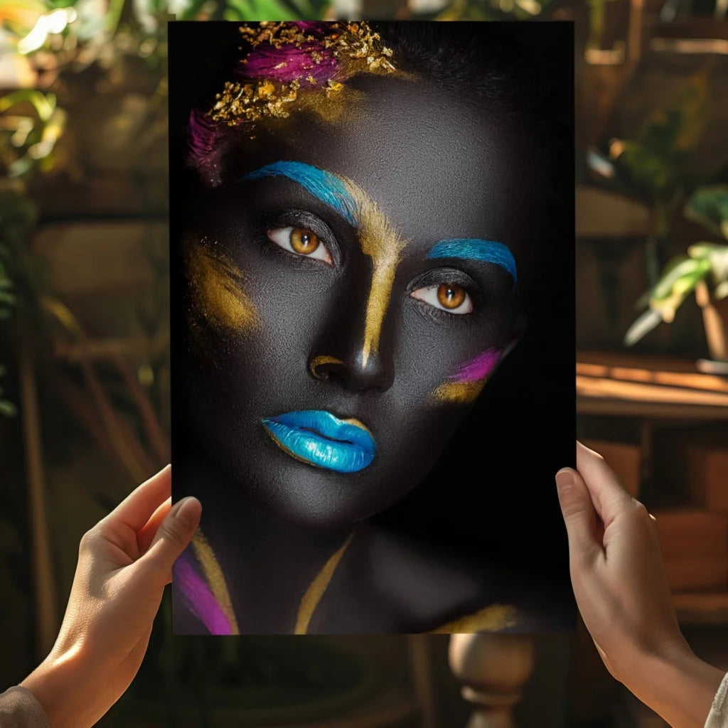 Striking black face portrait on insigne aluminum print with vibrant accents