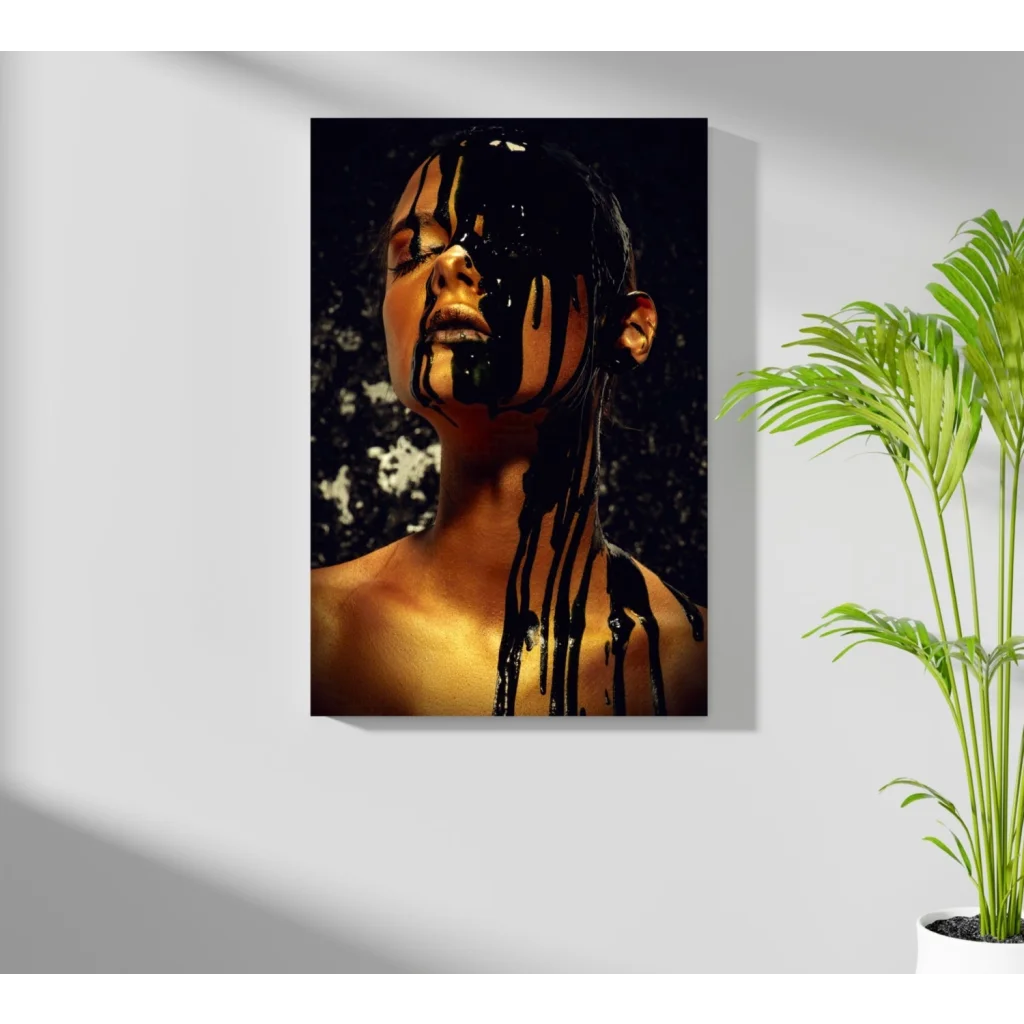 Woman with black drips on face in Dripping Gold Portrait Insigne Aluminum Prints