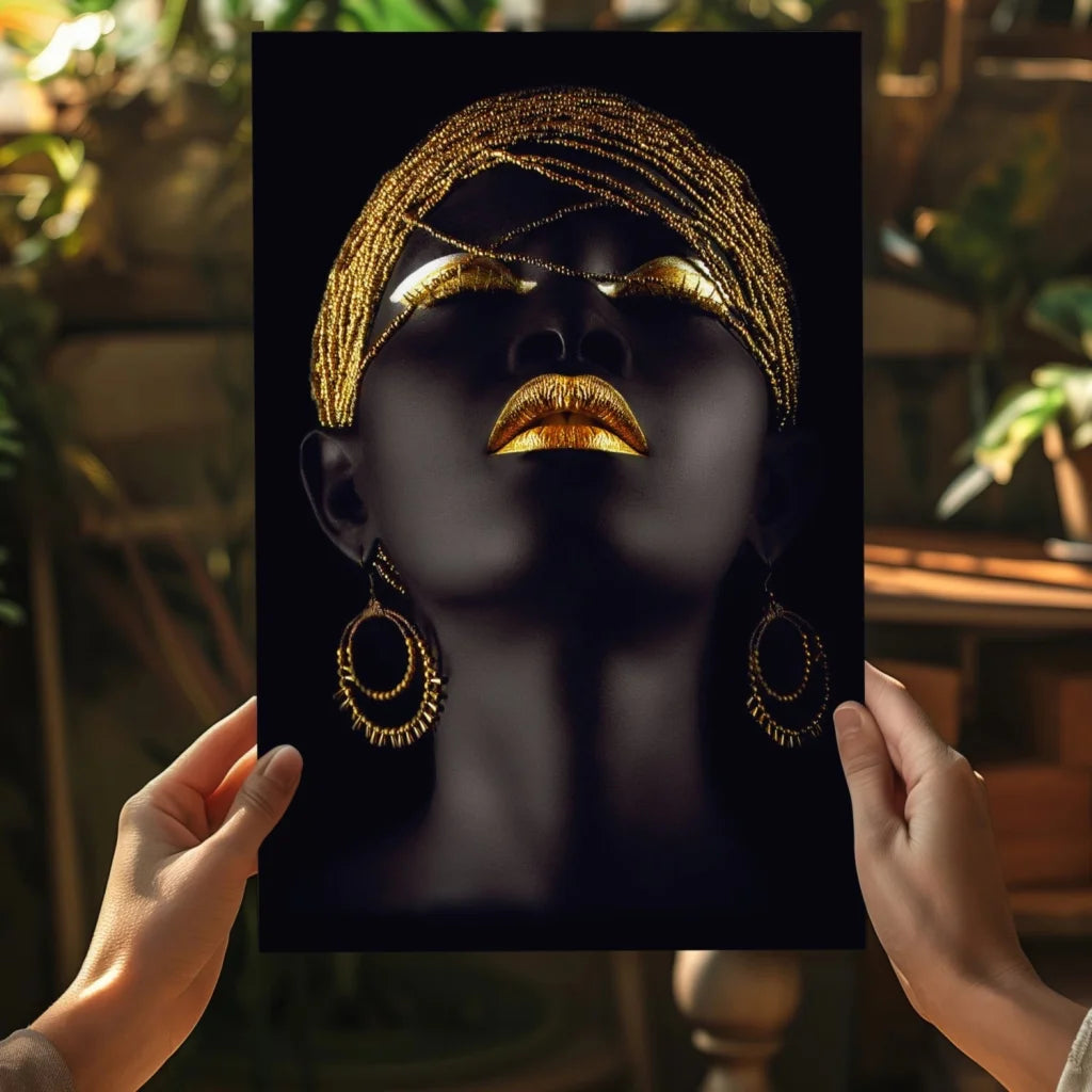 Golden goddess with gold beaded headwrap on insigne aluminum print
