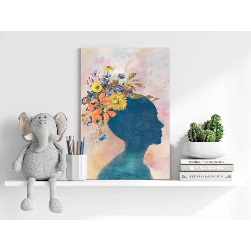 Vibrant floral silhouette woman on insigne aluminum print