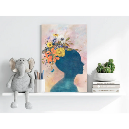 Vibrant floral silhouette woman on insigne aluminum print