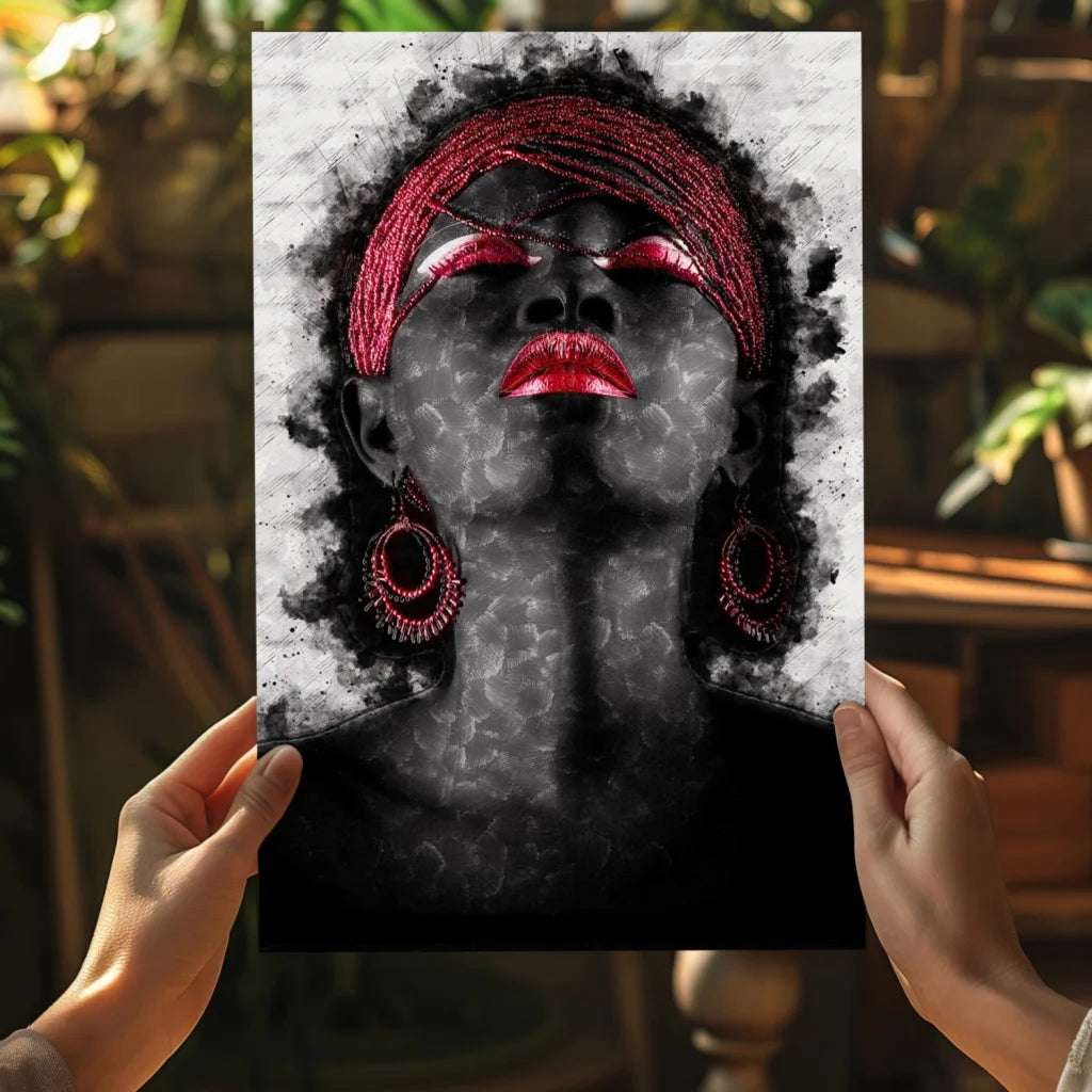 Bold red lips woman portrait on Insigne aluminum print