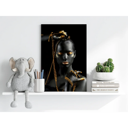 Insigne aluminum prints: Black canvas with woman, gold accents, chains