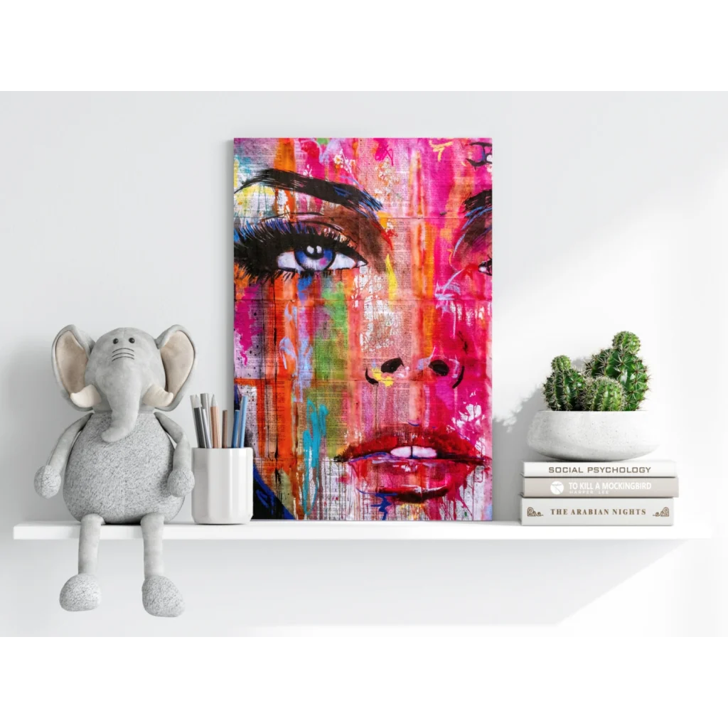 Vibrant abstract face on insigne aluminum prints with pink, teal splashes, blue eye, red lips