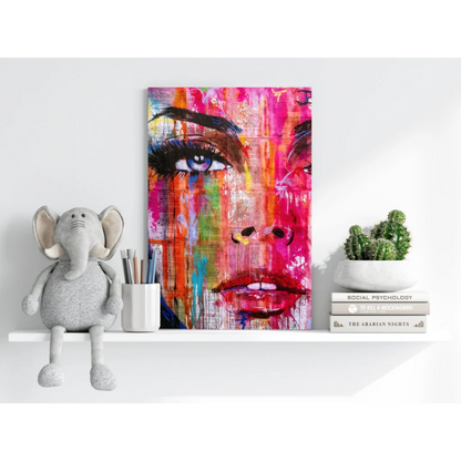 Vibrant abstract face on insigne aluminum prints with pink, teal splashes, blue eye, red lips